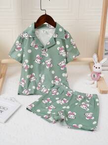 2pcs Young Girl' Cute Rabbit Print Casual Open Front Collared Short Sleeve Top And Shorts Loungewear Set - Green - View 1