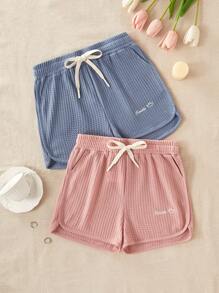 2pcs/Set Women Lettering Embroidery Elastic Waist Drawstring Lounge Pants Home Wear - Multicolor - View 4