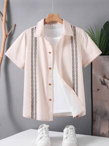 SHEIN Tween Boys College Travel Print Turndown Collar Short Sleeve Casual Shirt, Suitable For Commuting, School, Daily, Sport, Spring/Summer