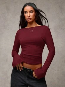 SHEIN BAE 新年红色弹力针织露背喇叭袖上衣，派对女士上衣，基本款长袖上衣，新年上衣 - 酒紅色 - 查看 4