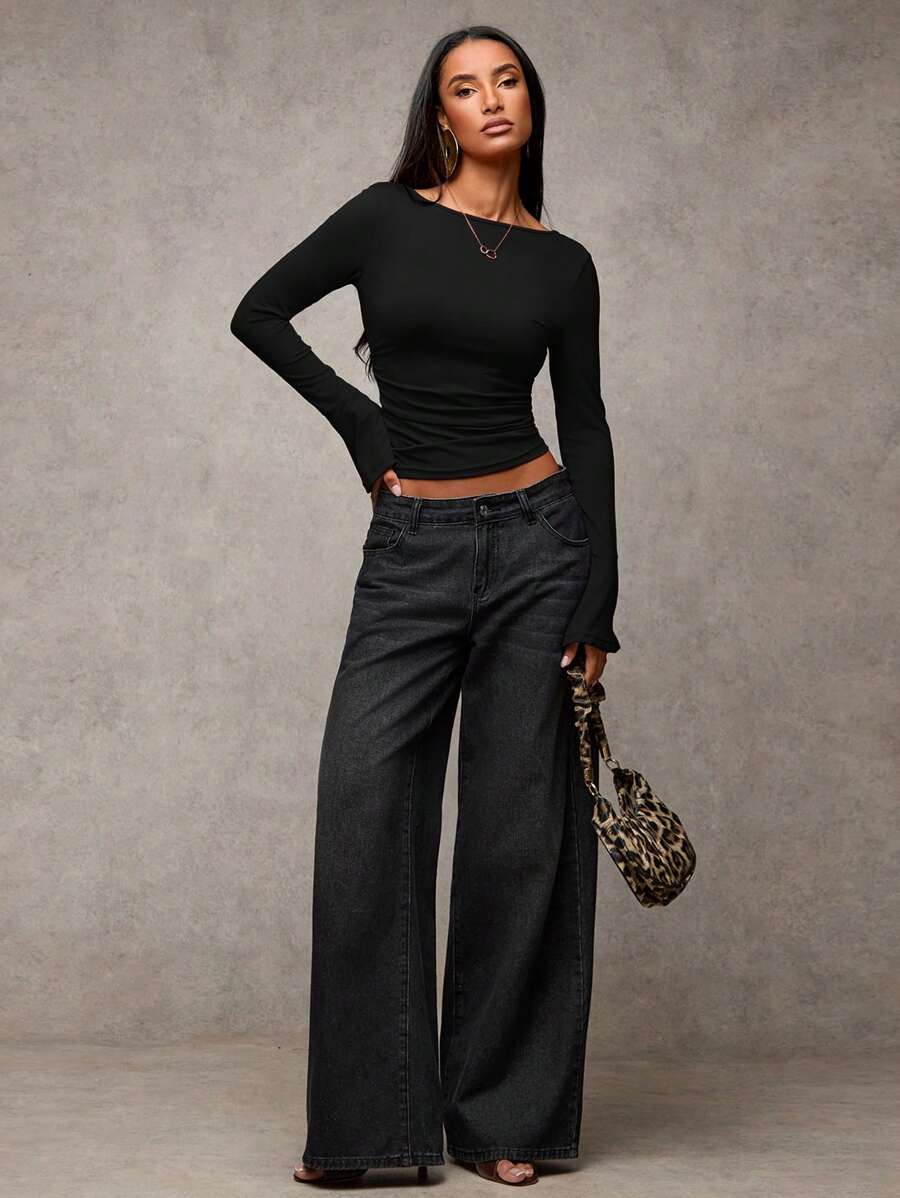 SHEIN BAE 新年红色弹力针织露背喇叭袖上衣，派对女士上衣，基本款长袖上衣，新年上衣 - 黑色 - 查看 1