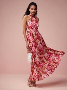 Enchnt Women's Elegant Floral Print Backless Dress