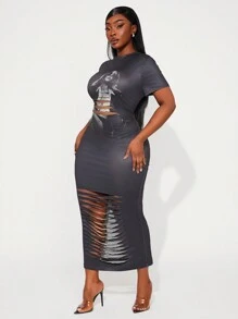 SHEIN SXY Vestido cómodo y ajustado de manga corta con cuello redondo, con estampado vintage de calle múltiple y distressed, diseño de retrato, para mujer talla grande, apto para uso en la calle, cumpleaños, despedida de soltera, casual, compras, salir, fácil de combinar y estiliza la figura