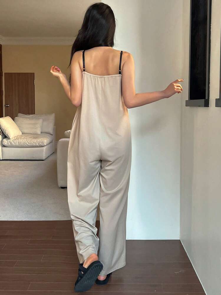 Minimalist Solid Color Wide Leg Contrast Strap Women Jumpsuit Pajamas