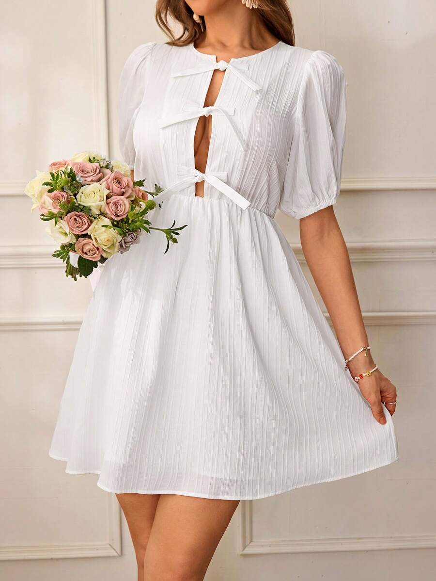 SHEIN VCAY Vacation Solid Color Chiffon Bubble Short Sleeve Women Mini Dress Spring Outfits For Women Casual Outfit Vacation