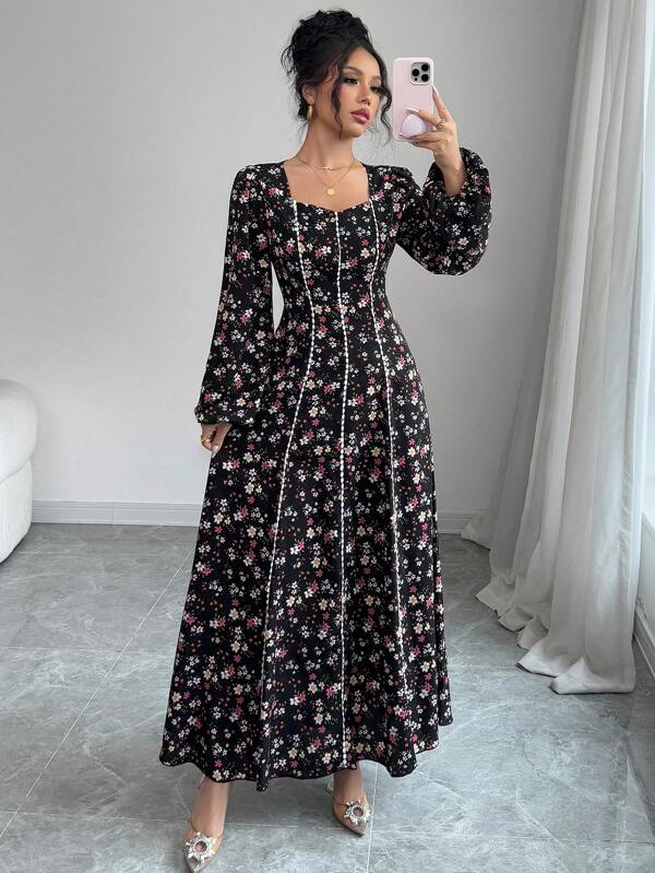 Mulvari Women's Floral Print Lantern Sleeve Sweetheart Neckline Arabic Style Dress,Modest