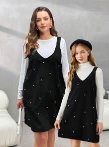 SHEIN Essnce 大码女式珠饰无袖连衣裙和长袖上衣 2 件套 - 黑色 - 查看 1