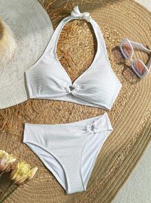 SHEIN Teen Girl White Textured Halter Crop Top & Ruched Triangle Tankini 2 Pieces Swimwear Set - White - View 8