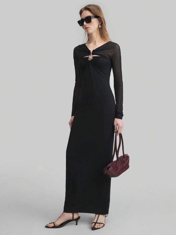 Women's Sleeveless Hollow Out Belted Dress, Elegant Comfortable Slim Fit Simple Urban Design Black Dress