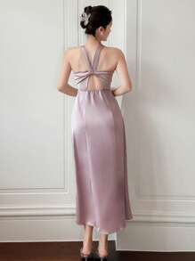 DAZY Vestido midi elegante de mujer con abertura en el bajo, de unicolor y escote halter, vestido de verano formal para mujer