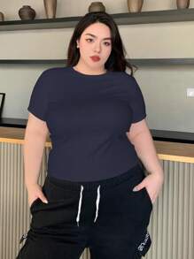 Dazy Plus Plus Size Women's Short Sleeve Casual Solid Color Basic Fitted Crew Neck T-Shirt Summer,Crop Tops Women Preppy Tops - Navy Blue - View 5