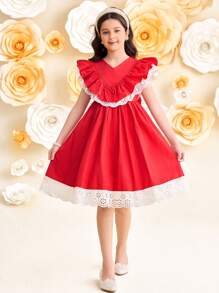SHEIN Tween Girl Elegant Lace Trim Ruffle Collar Short Sleeve Dress - Red - View 5
