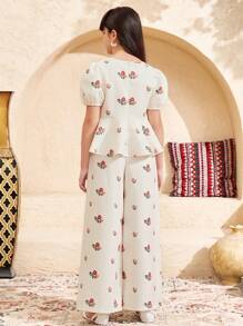 SHEIN Tween Girl 花卉印花优雅背心和直筒裤套装 - 白色 - 查看 2