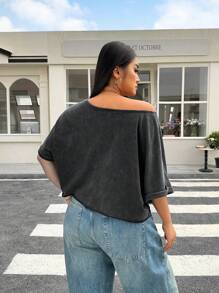 Muchica Plus Size Women Casual Loose Short Sleeve T-Shirt,Acid Washed Look Vintage Knitted Distressed,Streetwear,Spring Summer Clothes