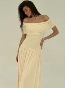 Aloruh Váy trễ vai nhún bèo họa tiết ngọc trai giả màu trơn cho nữ - trắng - Xem 5