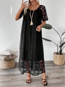 EMERY ROSE Women Elegant Solid Color Lace Dress - Black - View 5