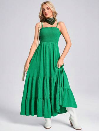 Wildy Robe verte printemps à bretelles, robe évasée à taille froncée et volants pour femmes