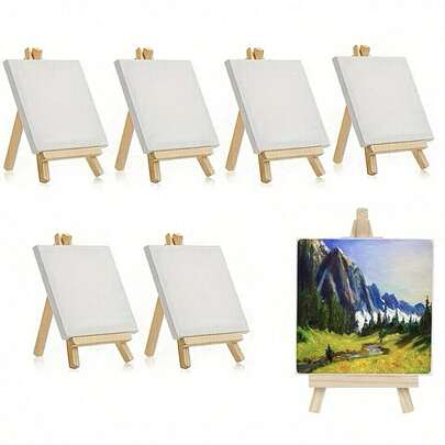 10 Packungen Mini Leinwand und Staffelei Set, Mini Leinwandplatten, Mini Holz-Staffeleien, Leinwandgröße 4" x 4", Staffeleigröße 3,1" x 5,9" für Kinder Malerei, Ölmalerei und DIY Kritzeleien, Weihnachtsgeschenk, Schulanfang, Schulmaterial