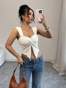 Chiquease Top ajustado de mujer con textura de punto y detalle retorcido en la parte delantera, para primavera/verano - Albaricoque - Ver 5