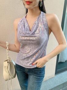 DAZY Women's Leopard Print Backless Fitted Elegant Sexy Halter Top, Summer Going Out Tops - Mauve Purple - View 4