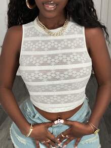 BamGleam Top corto de mujer de unicolor con encaje y calado