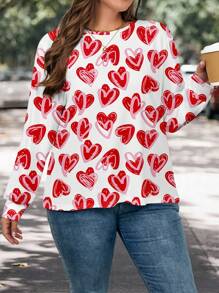 SHEIN LUNE Plus Size Women's Casual All Over Printed Pattern Loose Fit Round Neck Long Sleeve T-Shirt, Suitable For Valentine's Day