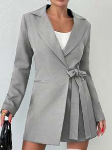 EURMUSE Women's Solid Color Notched Collar Long Sleeve Casual Side Tied Blazer, Autumn - Grey - View 7