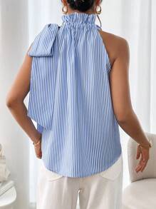 SHEIN Clasi Women Striped Ruffle Collar Bowknot Sleeveless Blouse, Spring & Summer - Blue - View 2