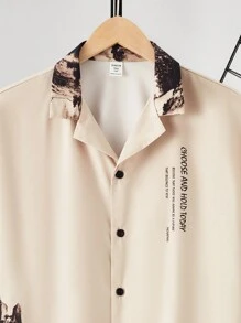 SHEIN Áo sơ mi in hình tay ngắn thường ngày cho bé trai tuổi teen, phong cách đường phố vẽ mực phong cảnh núi, Punk, Rock, phong cách đại học để mặc hàng ngày, tiệc tùng, lễ hội âm nhạc, xuân/hè - Màu Khaki - Xem 4