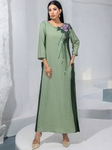 Layrah Elegant Handmade Beaded Embroidery Comfortable Dress, Arabian Dresses,Modest - Green - View 4