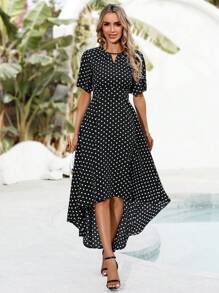 EMERY ROSE Women's Polka Dot Print Asymmetric Hem Dress - Black and White - View 4