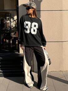 SHEIN EZwear Women's Spring/Summer Cargo Sportswear Couple Costumes Color-Blocked Joggers Pants With Pockets - Black - View 6