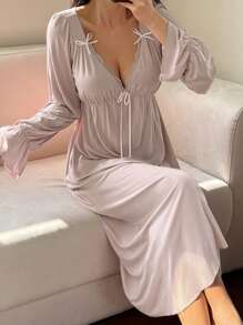 DAZY Bowknot Decor Cinched Waist Ruffle Hem Sleepwear Dress, Fall Pajama, Winter - Mauve Purple - View 6