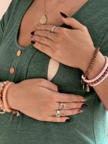 SHEIN Áo thun bà bầu tay ngắn màu trơn thiết kế nút cho con bú - màu xanh lá - Xem 5