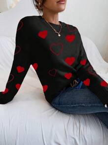 Chiquease Nouveau pull casual en tricot côtelé à col rond, motif cœur pour la Saint-Valentin, style ample, Automne/Hiver 2024