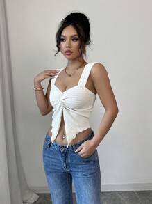 Chiquease Top ajustado de mujer con textura de punto y detalle retorcido en la parte delantera, para primavera/verano - Albaricoque - Ver 6