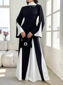 Modelyn 女士优雅撞色喇叭袖长裙 - 黑與白 - 查看 6