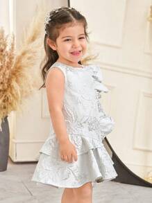 SHEIN Leap Crew 女婴优雅提花缎面夸张荷叶边无袖连衣裙，白色，适合花童、婚礼派对、特殊场合、兄弟姐妹搭配、妈妈和我 - 白色 - 查看 3