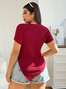 Comfortcana Women Plus Size Solid Color Crew Neck Short Sleeve Hollow-Out Casual Top - Burgundy - View 2