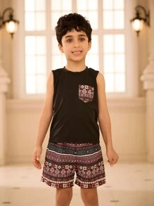 SHEIN 2pcs Geometric Print Vest And Shorts Casual Outfit Set For Young Boy