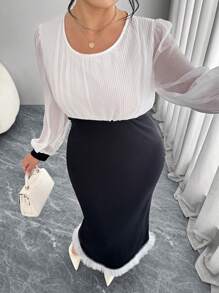 Modelyn Plus Size Chiffon Ruched Colorblock Elegant Dress - Black and White - View 5