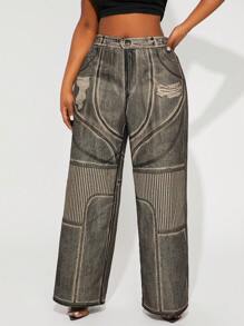 SHEIN SXY Plus Size Women Spring/Summer Denim Effect Distressed Print Elastic Waist Straight Leg Pants, Suitable For Cool Women, Date Night, Birthday, Bachelorette Party, Cute, Casual, Shopping, Ibiza,Nashville,Rave,Modest,Chic,Chill Streetwear, Going Out, Easy To Match & Look Slim, Accent Your Body, Flatter The Figure - Rust Brown - View 4