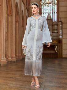 Al Najma Women's Elegant Sequin Embroidery Rhinestone Tassel Hem Arabian Dress, Luxury Evening Dress Arabian Dresses - Grey - View 6