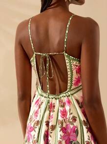 CAJUNI 女士波西米亚风热带花卉印花无袖露背系带前短款连衣裙，休闲夏日海滩度假 - 彩色 - 查看 7