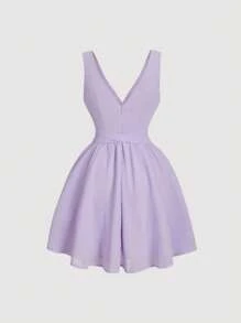 SHEIN MOD Vestido morado romántico estilo línea-A con escote en V y lazo delantero - Púrpura malva - Ver 2