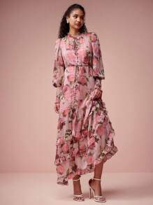 Enchnt Spring/Summer Romantic Women's Floral Print Ruffled Edge Tie Neck Multi-Layered Ruffled Hem Cuffs Dress, Sweet&Elegant For Valentine's Day&Holiday &Sweet Date Night&Daily&Vacation&Garden Parties - Pink - View 5