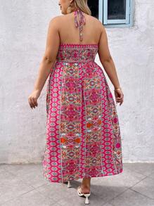 SHEIN VCAY Vestido casual con cuello de halter con nudo delantero y estampado floral para mujer de talla grande para vacaciones