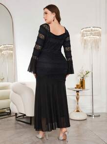 Modelyn Elegant Lace V-Neck 3D Floral Decor Fitted Long Sleeve Plus Size Dress, Suitable For Spring & Summer Fall Cloth For Women - Black - View 2