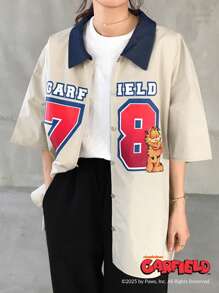 Garfield X FRIFUL Women's Loose Denim Effect Contrasting Splicing Letter Graphic Print Collabo Shirt, Summer Outdoor Wear - Khaki - View 7