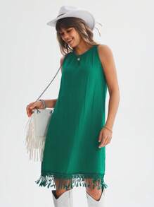 SHEIN LUNE Solid Fringe Hem Tank Dress - Green - View 2